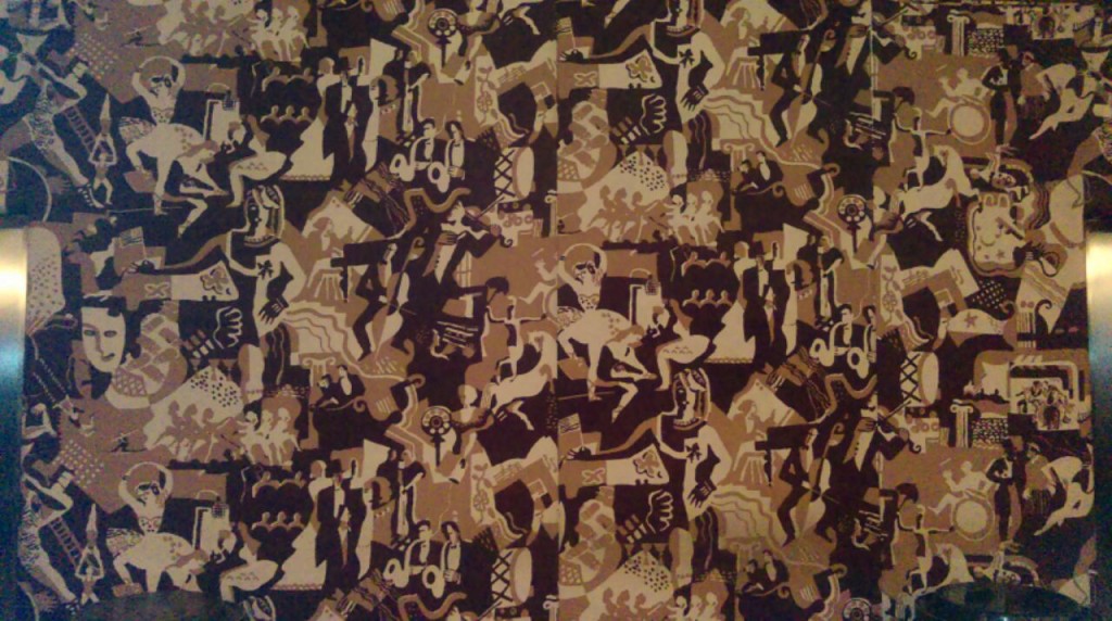 Ruth Reeves' History of the Theatre fabric wall covering.