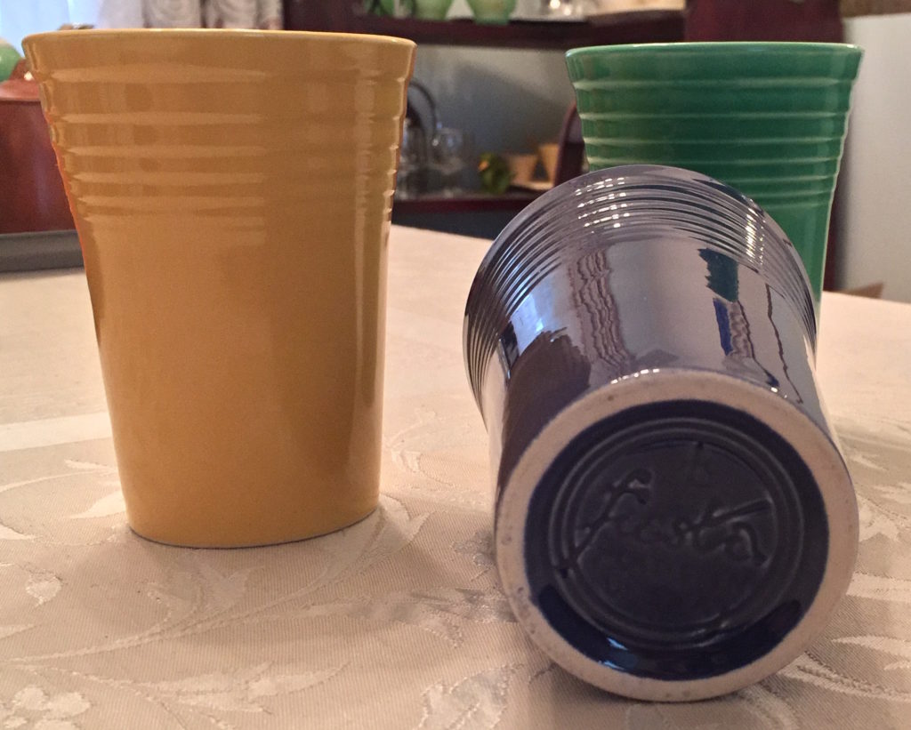 Yellow, Green and Blue Tumblers. Molded in Fiesta mark on the bottom.