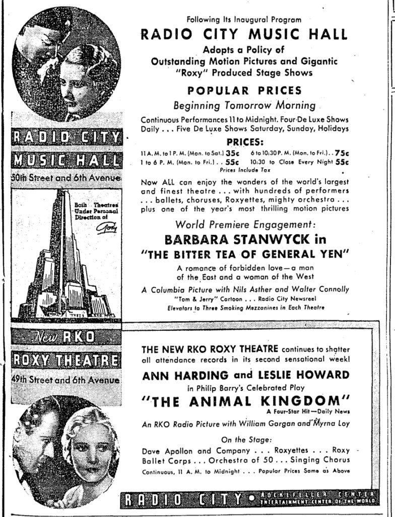NY Herald Tribune ad announcing the Music Hall's policy change.