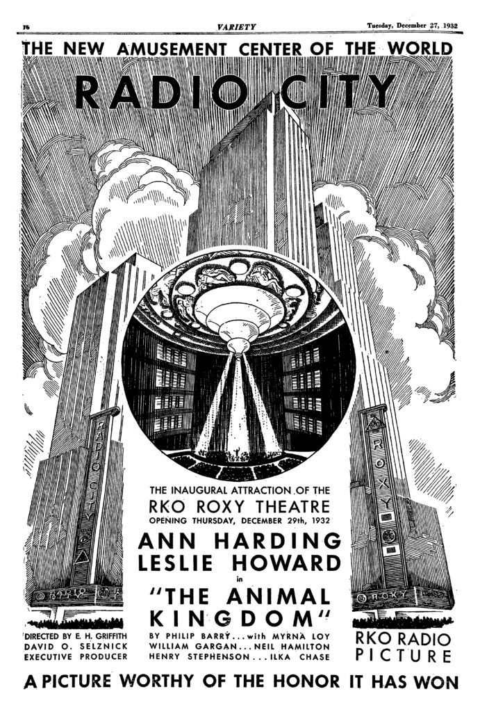 Advertisement from Variety for the R-K-O Roxy's opening night.