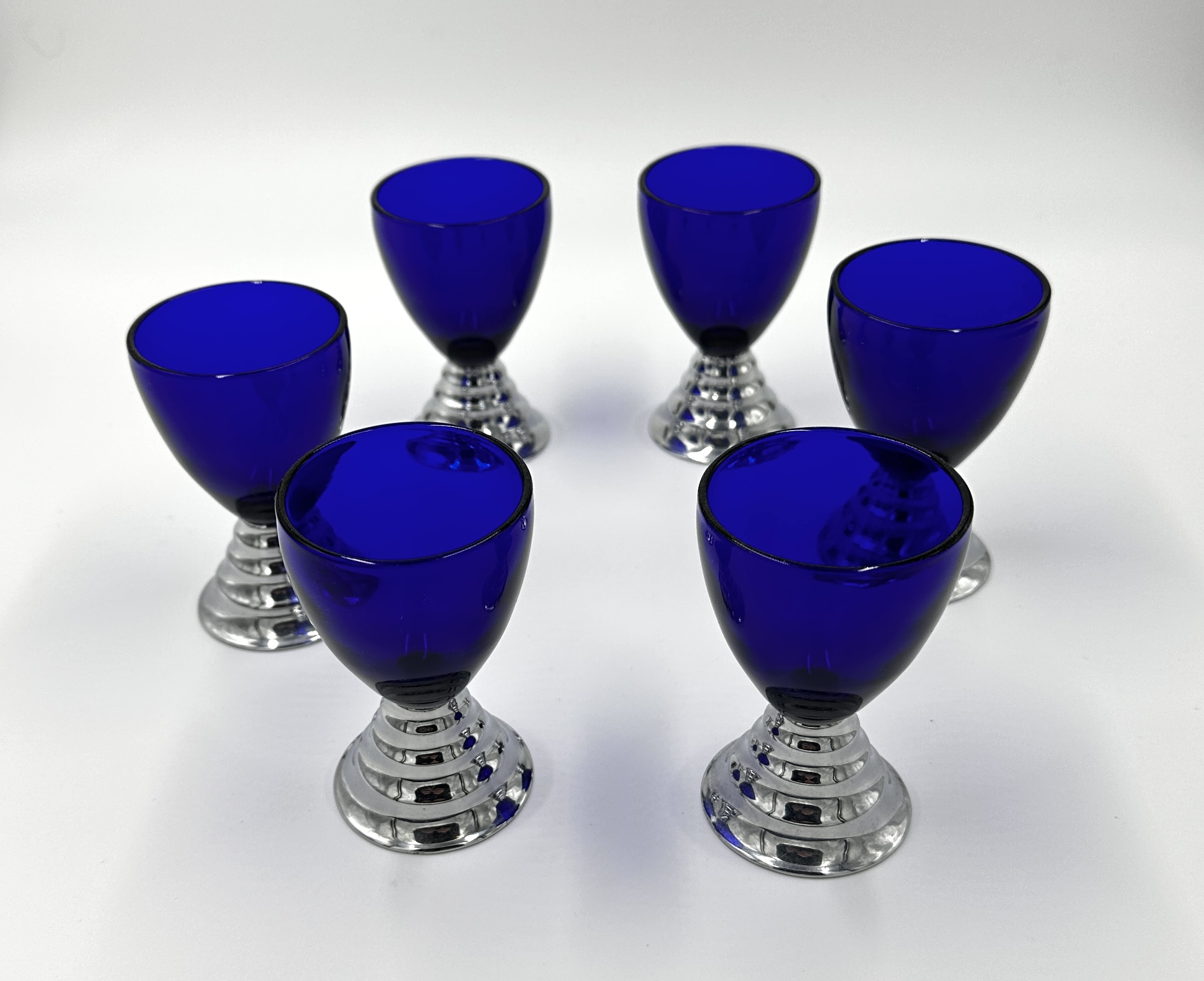 Cobalt Blue Ridged Glass Cocktail Martini Shaker with 4 Matching