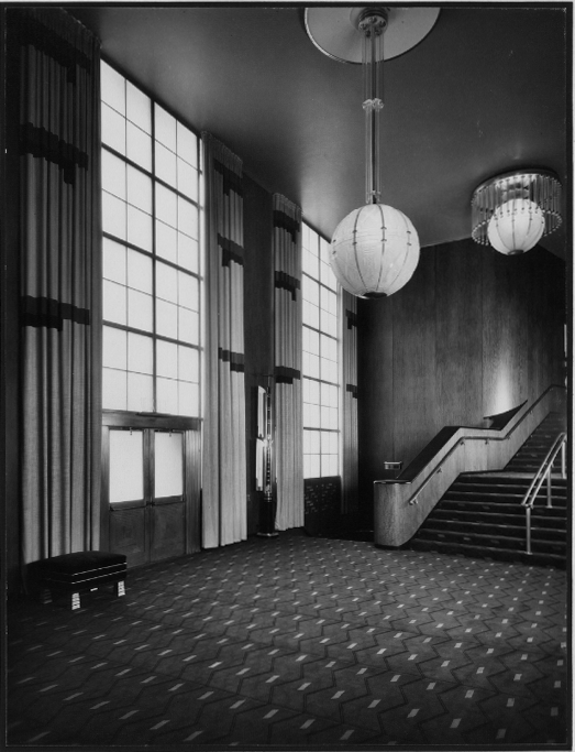 R-K-O Roxy Lobby showing staircase to mezzanine, 1932.