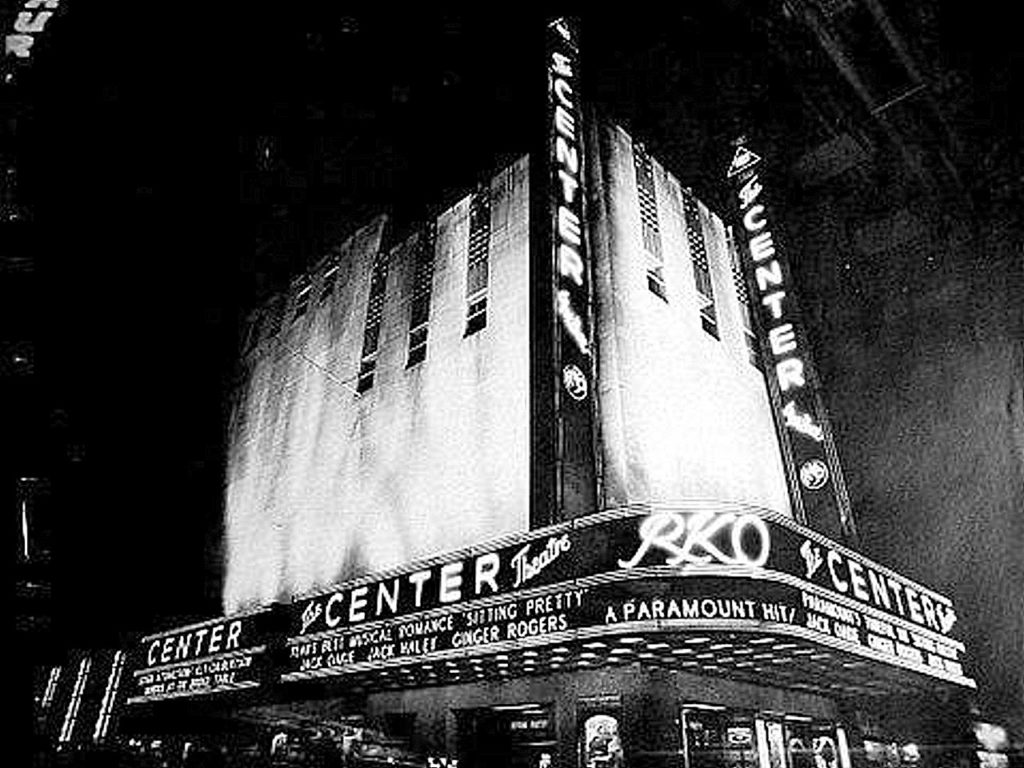Nighttime view of the R-K-O Center Theatre, January, 1934.